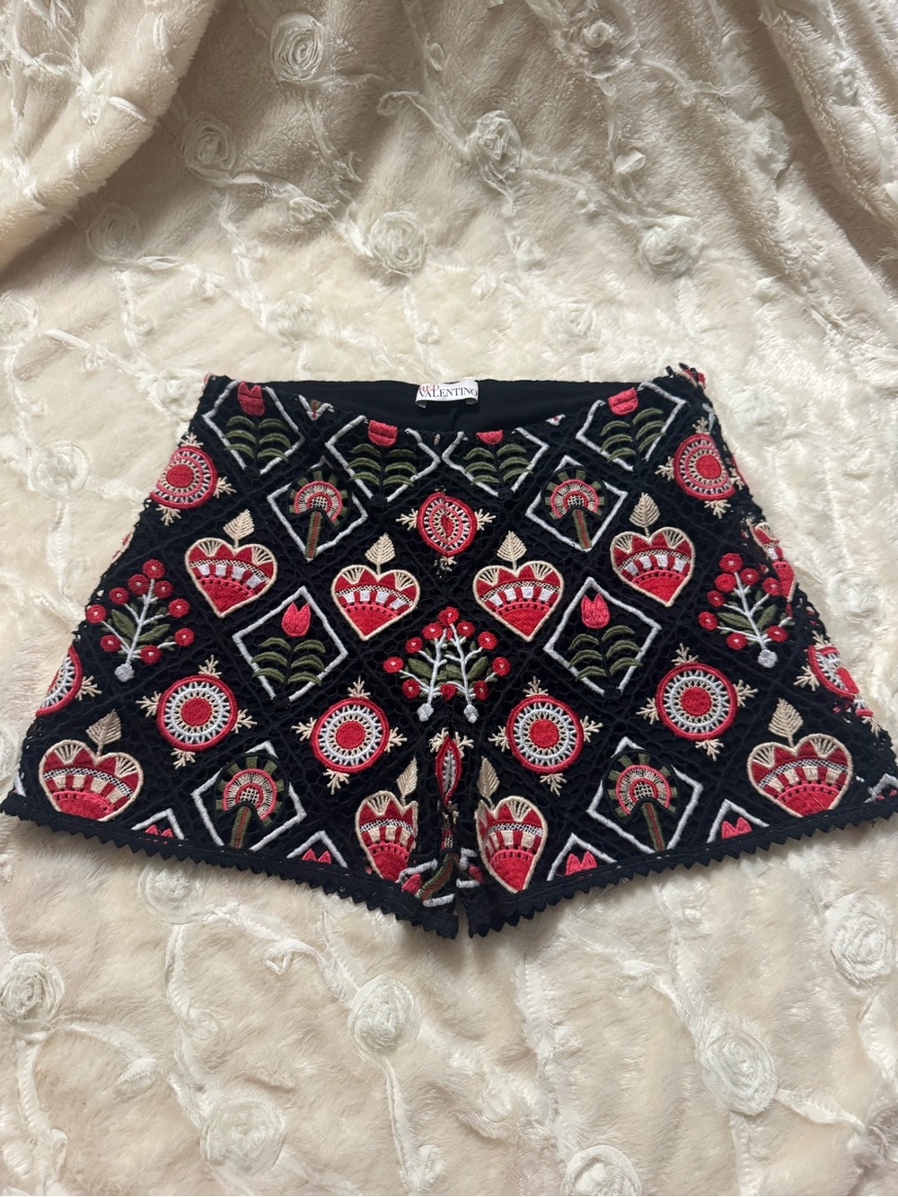 RED Valentino Black High-Waist Embroidered Floral Mosaic Shorts
